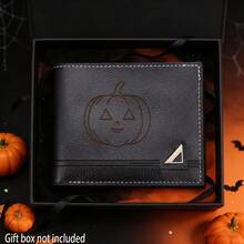 Men's Halloween Wallet, PU Leather Bifold Wallet With Pumpkin Engraving, Multiple Card Slots, Coin Pocket, Compact Men's Wallet, Halloween Gift Men - Black - View 6