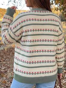 Women's Plus Size Vintage Floral Stripe Cardigan, Long Sleeve V-Neck Knit Sweater, Autumn Winter Office Commute Slimming Tops - Multicolor - View 3