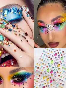 451pcs Rainbow 3D Glitter Gem Stickers, 2pcs Acrylic Glitter Heart Stickers, Self-Adhesive Rhinestone Teardrop Design, Suitable For Makeup And Clothing, Multi-Color Diamond Face Gems, Perfect For Festivals, Parties And Events - Multicolor - View 11