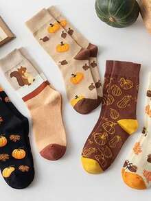 5 Pairs Women's Mid-Calf Cotton Socks, Autumn Pumpkin Squirrel Maple Leaf Vintage Theme, Cute Cartoon Versatile Socks - Multicolor - View 4
