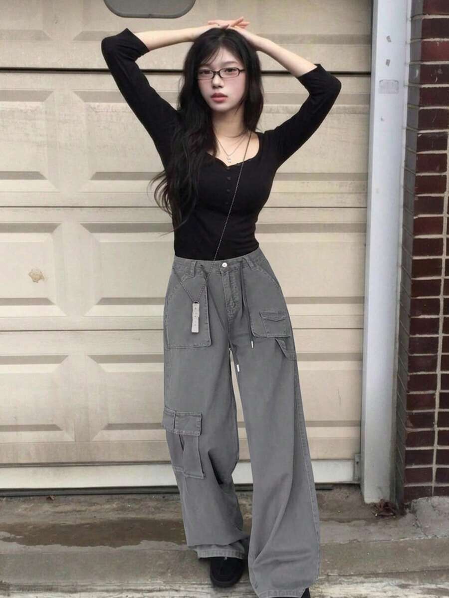 Women's American Retro Grey Workwear Denim Jeans, High Waist Drawstring Multi-Pocket Design, Loose Wide Leg Drape Floor-Length Straight Leg Pants, Street Casual Slimming - Grey - View 1