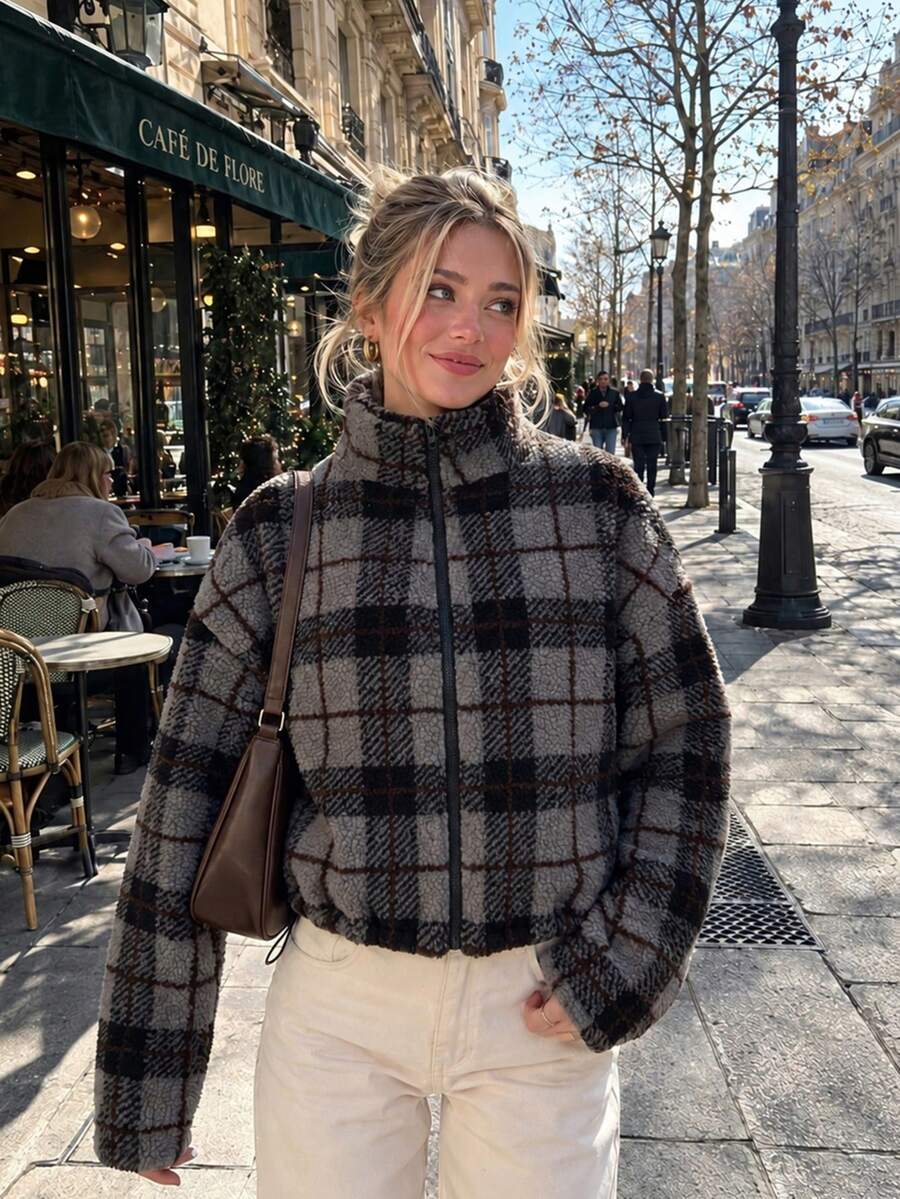 Women's Retro Coffee Brown Autumn/Winter Halloween & Christmas Holiday Party Date Commute Cropped Shearling Plaid Daily Commute Back-To-School Jacket - Dark Grey - View 1
