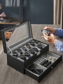 Multifunctional Watch Box, 12 Slots With Drawer Watch Display Box, Men's Watch Box With Glass Lid, Double Layer Jewelry And Watch Storage Box, Unisex, Black, Christmas Gift - Multicolor - View 2