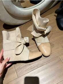 Women Round Toe Hidden Wedge Heel Ankle Boots Bow Knot Wrap Strap Slouch Short Boots For Women Height Increasing Coquette Boots Fall Winter Daily Wear - Beige - View 2