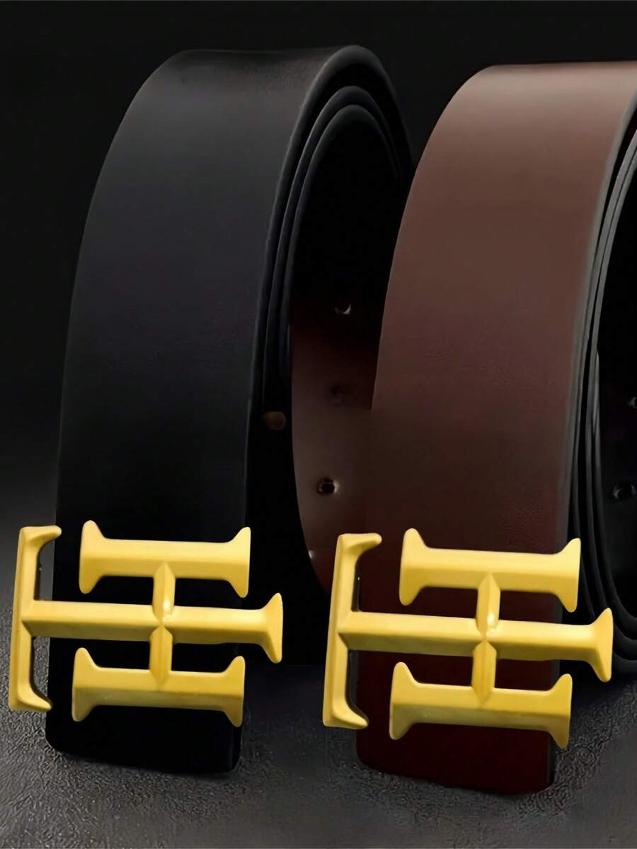 Adjustable Men Formal Belt, Unique H Geometric Metal Buckle, Smooth Surface Strap, Classic Waist Belt For Office & Casual Wear - Multicolor - View 1