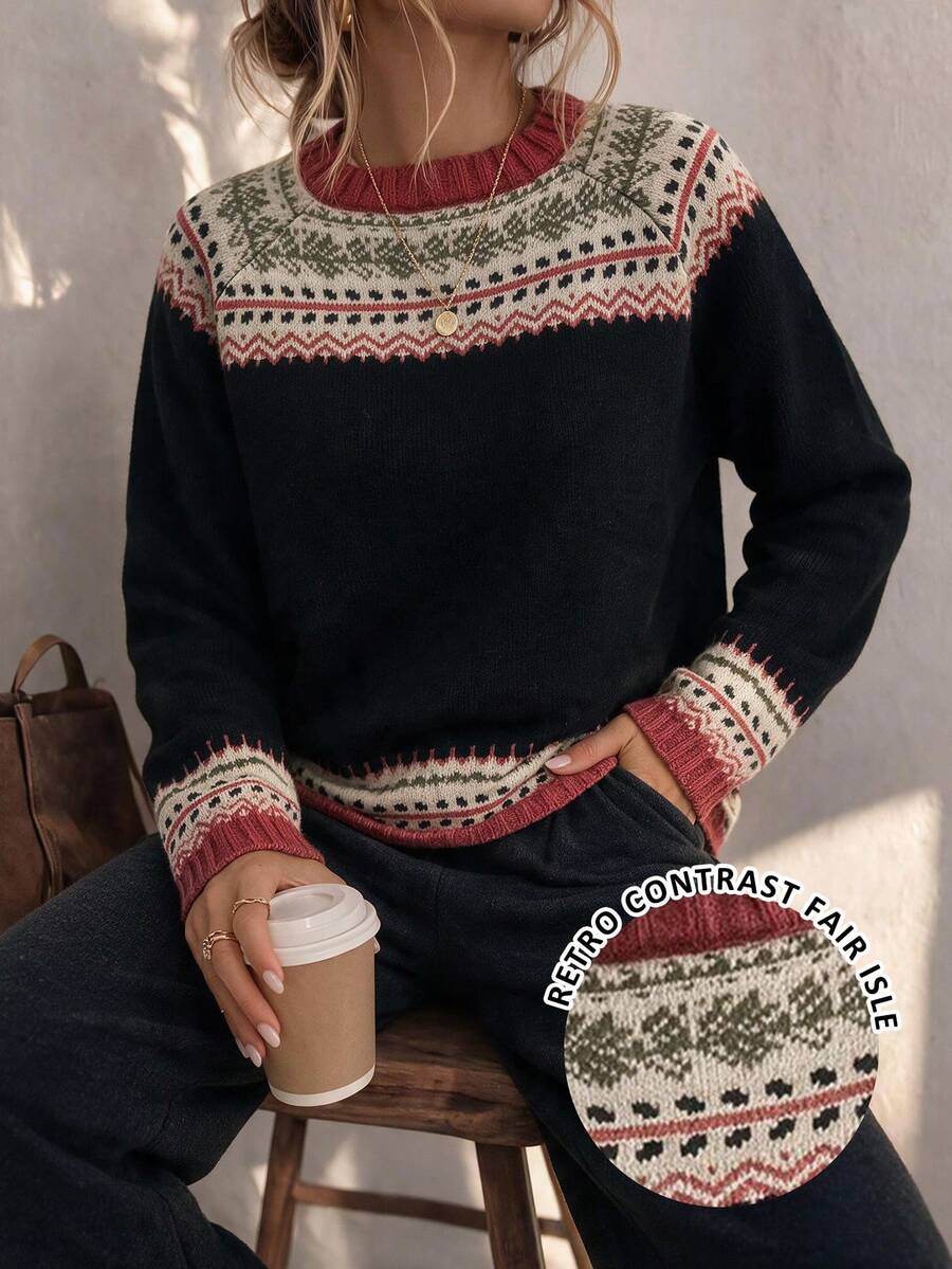 Women's Fashion Long Sleeve Pullover Knit Sweater, Fair Isle Pattern, Essential For Autumn/Winter - Black - View 1