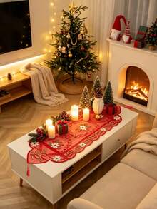 1pc 100% Polyester Red Sheer Embroidery Christmas Table Runner, Bell & Poinsettia Pattern Tassel Table Scarf, Holiday Dining Table Decor For Xmas Party Home Decoration - Red - View 5