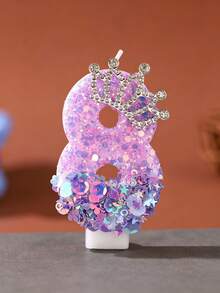 1pc Purple Pink Iridescent Glitter Number Birthday Candle With Rhinestone Crown Decor, 0-9 Number Cake Topper, Princess Theme Party Decoration, Girls Birthday, Baby Shower, Sweet 16 Dessert Table Cake Decor - View 13