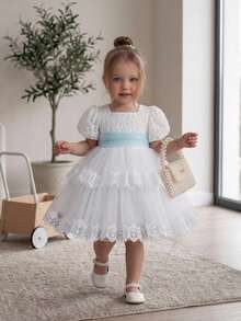Baby Girls Lace Embroidered Mesh Cute Elegant 1st Birthday Dress Suitable For Girls 0-3 Years Old Birthday Gift Banquet School Stage Performance Outfit Wedding Flower Girl Dress - White - View 5