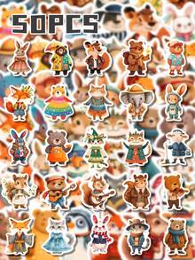 50Pcs PP Squirrel Animal Stickers, Forest Cute Cartoon Style, Including Squirrels, Foxes, Rabbits, Bears, Elephants, Hedgehogs, For Journal Collage, Water Bottle, Luggage, Skateboard, Tablet, Notebook, Storage Box, DIY Craft Decor - Multicolor - View 8