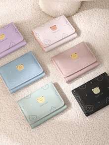 Cartoon Bear Short Wallet, Three-Fold Student Print Folding Coin Purse, Cartoon Coin Purse Card Holder, Suitable As Holiday Gift For Women, Birthday Party - Multicolor - View 1