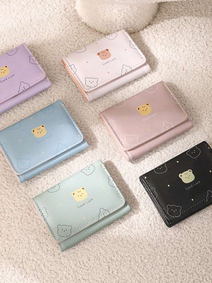 Cartoon Bear Short Wallet, Three-Fold Student Print Folding Coin Purse, Cartoon Coin Purse Card Holder, Suitable As Holiday Gift For Women, Birthday Party - Multicolor - View 1