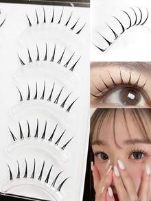 Asiteo 5 Pairs Cute False Eyelashes, Korean Style Cartoon Eyelashes, Cartoon Pointed Transparent Invisible Style, Natural Sweet Soft Lightweight, Pointed Tail Style, One-Piece Natural Hair Texture, Suitable For Beginners - Black - View 4