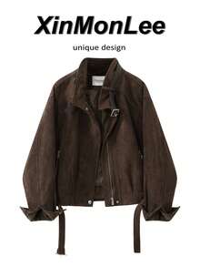 Veste courte en daim vintage cool 2026 nouveau style col montant polyvalente veste de moto élégante voyage décontracté vacances - Marron - Voir 1