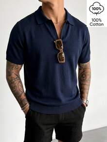 WAIT HIM Men's Casual Solid Color Turn-Down Collar Short Sleeve Knit Top - Navy Blue - View 1