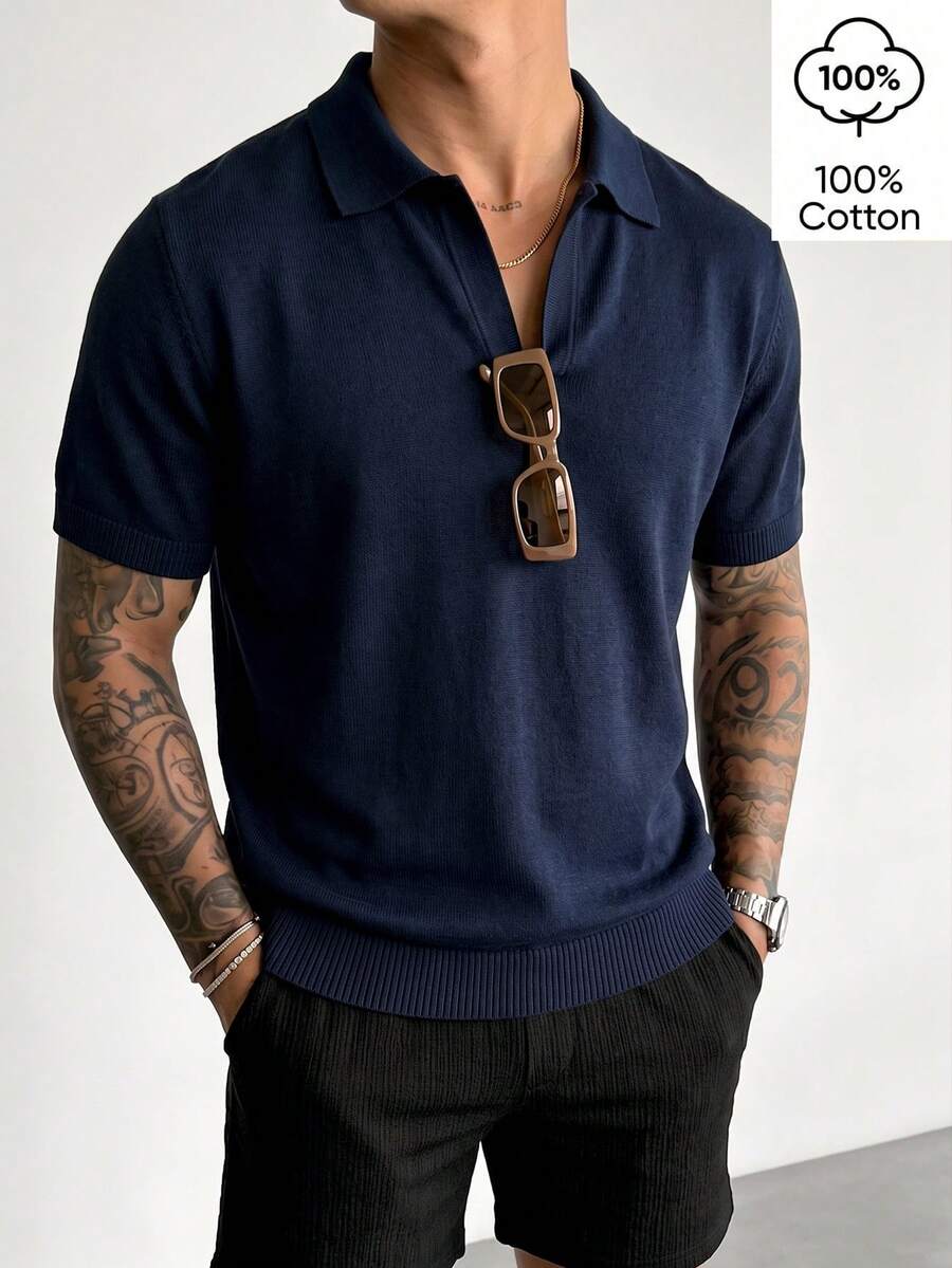 WAIT HIM Men's Casual Solid Color Turn-Down Collar Short Sleeve Knit Top - Navy Blue - View 1