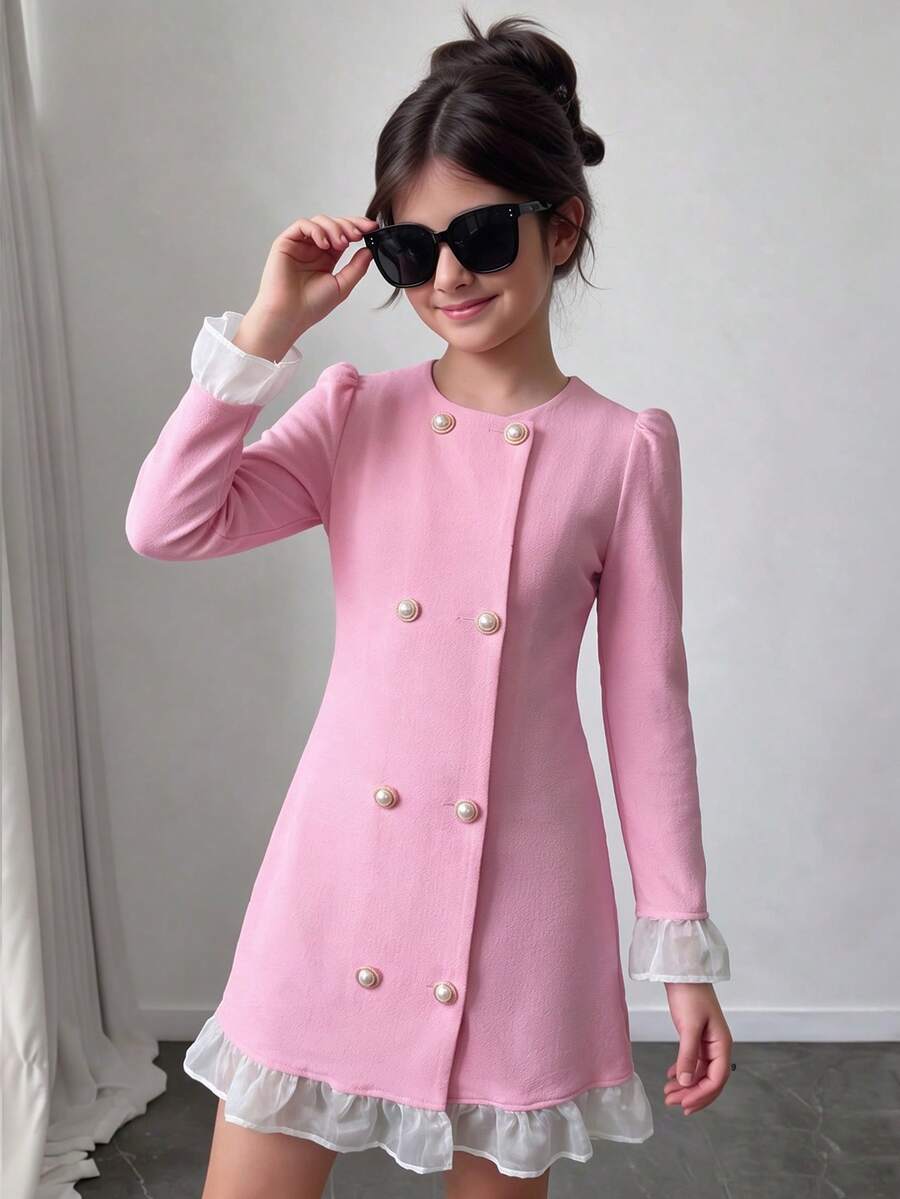 Big Girls Pink Double-Breasted Colorblock Ruffle A-Line Mini Skirt, Cute Elegant Casual Streetwear Campus Style, Autumn/Winter - Pink - View 1