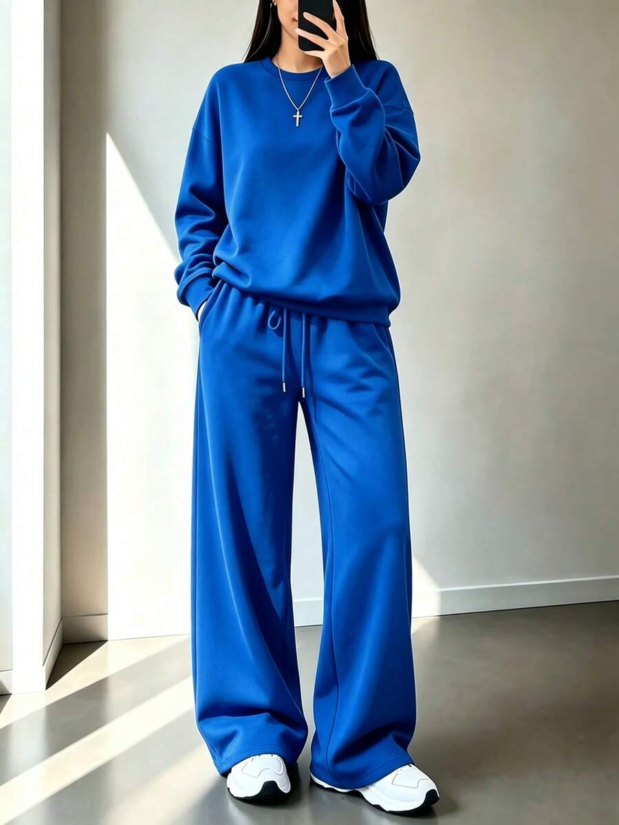 2pcs Falloutfits Women's Sports Set, Fashionable And Comfortable Colorblock Jacket And Casual Pants, Suitable For Autumn/Winter Wear - Blue - View 1