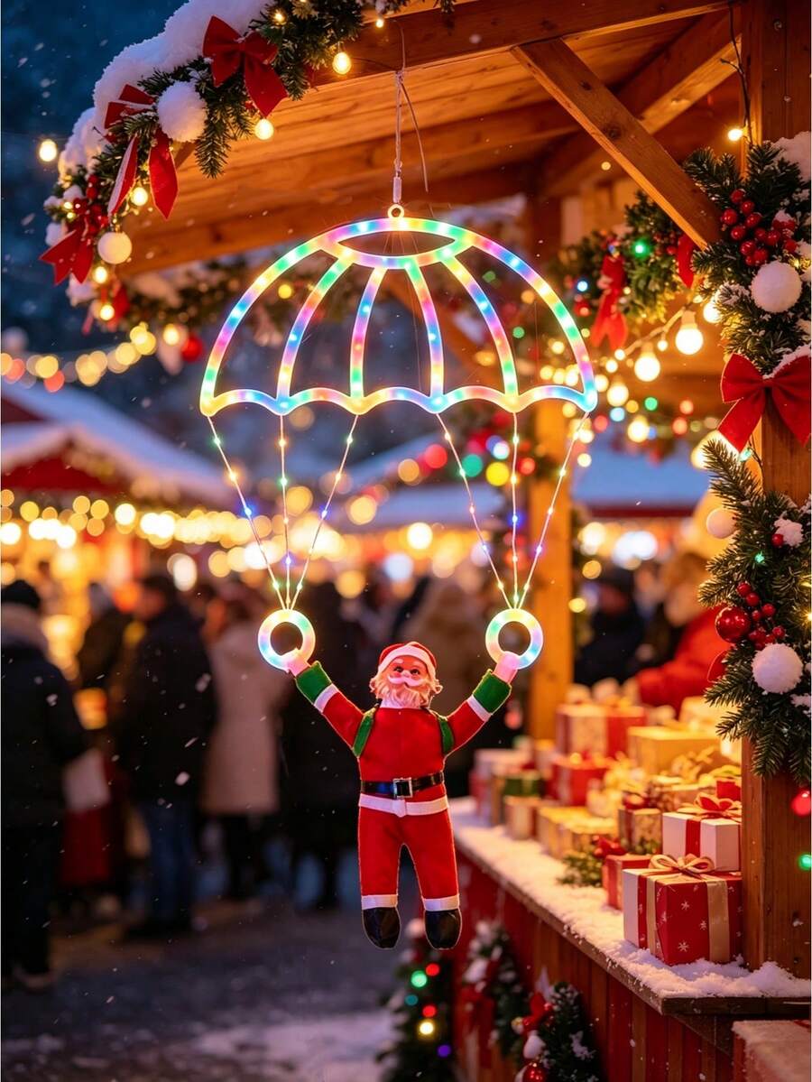 A Set Of Christmas LED Curtain Lights, LED Christmas String Lights, Snowman Parachute Design, Hanging Christmas Decoration Lights, Christmas Tree Gift Decorations, Ideal Christmas Decor Items - M23 Parachute - View 1
