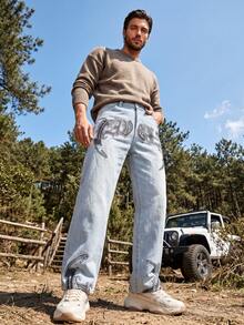 Outdoor Farm Style Men's Fashion Casual Mature Personalized Embroidered Pattern Straight Leg Jeans NON-STRETCH DENIM - Baby Blue - View 2