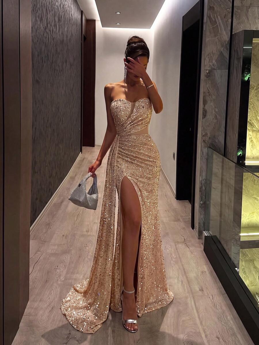 ADYCE Elegant Sequin Heart-Neckline Strapless Mesh Patchwork High-Waist Long Ribbon Slit Evening Gown, Suitable For Prom, Party, Formal Dinner, Christmas, Back To School, Wedding - Champagne - View 1