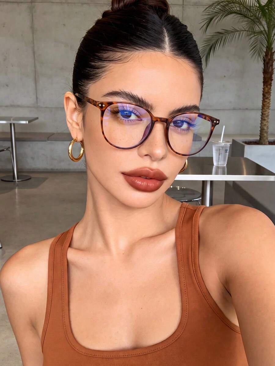 1 Pair Women's Round Leopard Print Minimalist Personalized Non-Prescription Glasses, Suitable For Daily Commute, Office, Back To School, Eye Protection - Leopard Print Flat - View 1