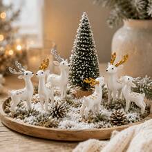 4pcs Christmas Deer Decor Set, White Reindeer Figurine + Snowy Tree, Creative Christmas Forest Theme Desktop Decoration, 2 Design Options, Holiday Home Decor, Suitable For Living Room, Office, Desk, Bookshelf - Multicolor - View 2