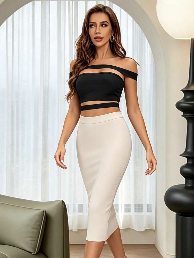 Women's Elegant Fitted Mid-Length Pencil Skirt With Bandage Slit Detail And Back Zipper - Apricot - View 4