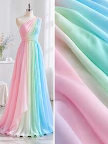 1pc Pastel Gradient Chiffon Fabric, Soft Wrinkle‑Textured Semi‑Sheer Polyester Chiffon Cloth In Rainbow Macaron Color Transition, Lightweight Flowey Material For Dress Making, Evening Gown, Scarf, Curtain, Photoshoot Backdrop And DIY Sewing Crafts - Multicolor - View 3