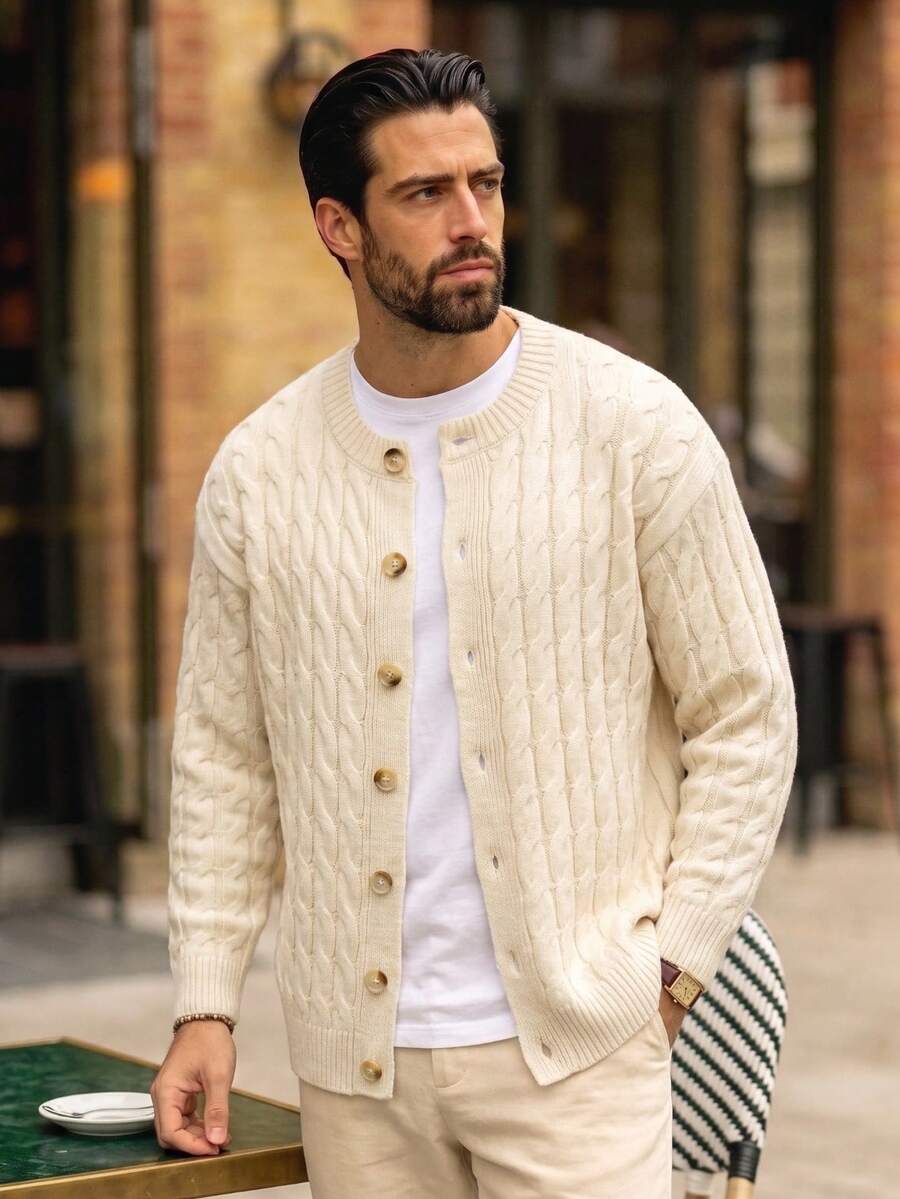 Men's Solid Color Cable Knit Textured Old Money Style Vintage Cardigan, Long Sleeve Slim Fit Outerwear, Apricot Short Knit Sweater Jacket, Autumn/Winter - Apricot - View 1