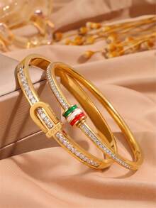 2pcs Gold Tone Stainless Steel Bracelets, Pave Rectangular Zirconia, Shiny Transparent, Exquisite Eye-Catching Wrist Accessory - Gold - View 4