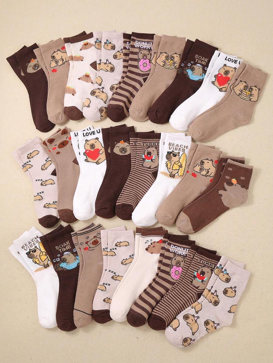 20 Pairs Unisex Children's Crew Socks, Ankle Socks, Featuring Brown Capybara & Cute Capybara Embroidered Patterns, Suitable For 1-16 Years Old Girls Birthday Gift, Fit For Boys & Girls, All Seasons, School, Party, Breathable Soft Comfortable - Multicolor - View 1