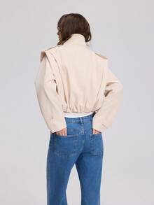 Women's Old Money Style Short Jacket, Long Sleeve Stand Collar Pleated Casual Trench Coat - Light Khaki - View 2