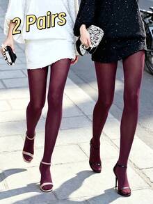 1pc Women's Red Semi-Sheer Sexy Tights, Slimming Leggings For Spring/Autumn, Date Party - Burgundy - View 1