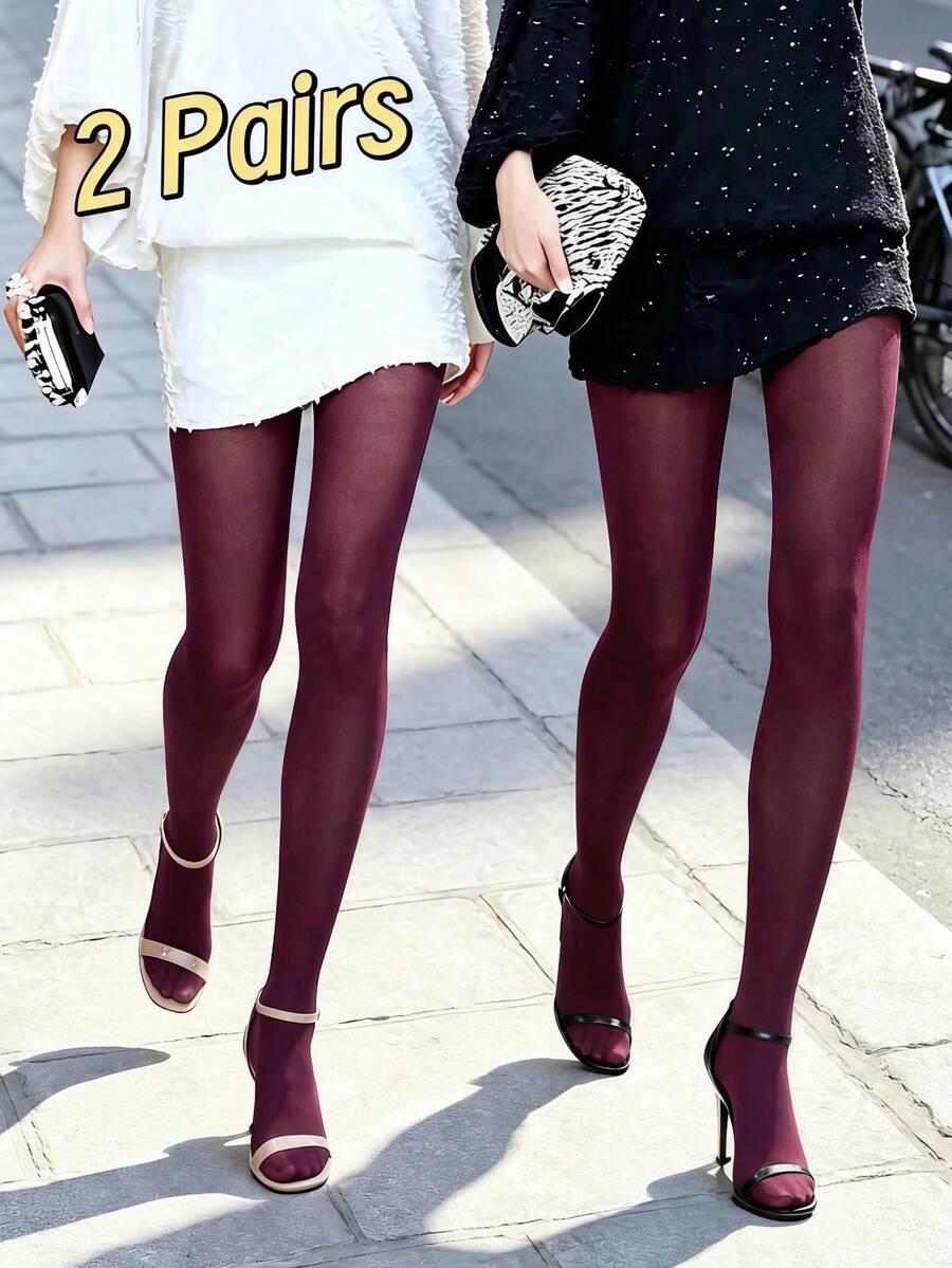 1pc Women's Red Semi-Sheer Sexy Tights, Slimming Leggings For Spring/Autumn, Date Party - Burgundy - View 1