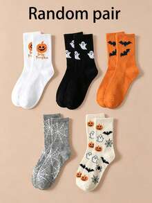 Halloween Mid-Calf Socks, Elastic Cotton Fabric, Multi-Color Cartoon Ghost Jacquard Design, Suitable For Daily Wear And Halloween Parties, Festive Atmosphere Socks - Multicolor - View 9