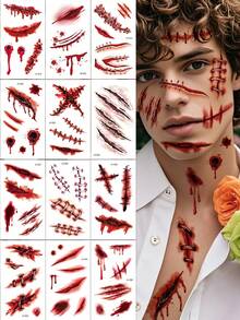 12pcs Halloween 3D Realistic Scar Temporary Tattoo Stickers, Horror Bloody Wound Zombie Tattoos, Suitable For Adult Body And Face, Costume Party Prank Makeup, Cosplay, Role Play, Party Outfits - Red - View 3