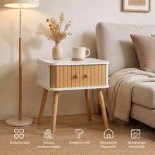 Wooden Nightstand With Slatted Drawer And Solid Wood Legs, Modern Side Table 40 X 30 X 47 Cm For Bedroom And Living Room With Matte Finish - A - View 1