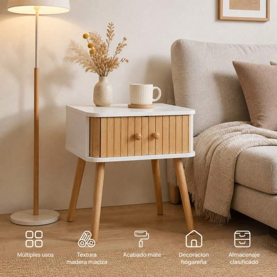 Wooden Nightstand With Slatted Drawer And Solid Wood Legs, Modern Side Table 40 X 30 X 47 Cm For Bedroom And Living Room With Matte Finish - A - View 1