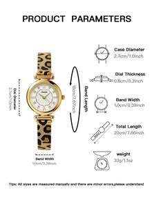 1pc Vintage Round Quartz Watch For Women, Featuring A Golden Alloy Case, White Patterned Dial, And An Elegant Leopard-Print Metal Mesh Strap - White - View 6