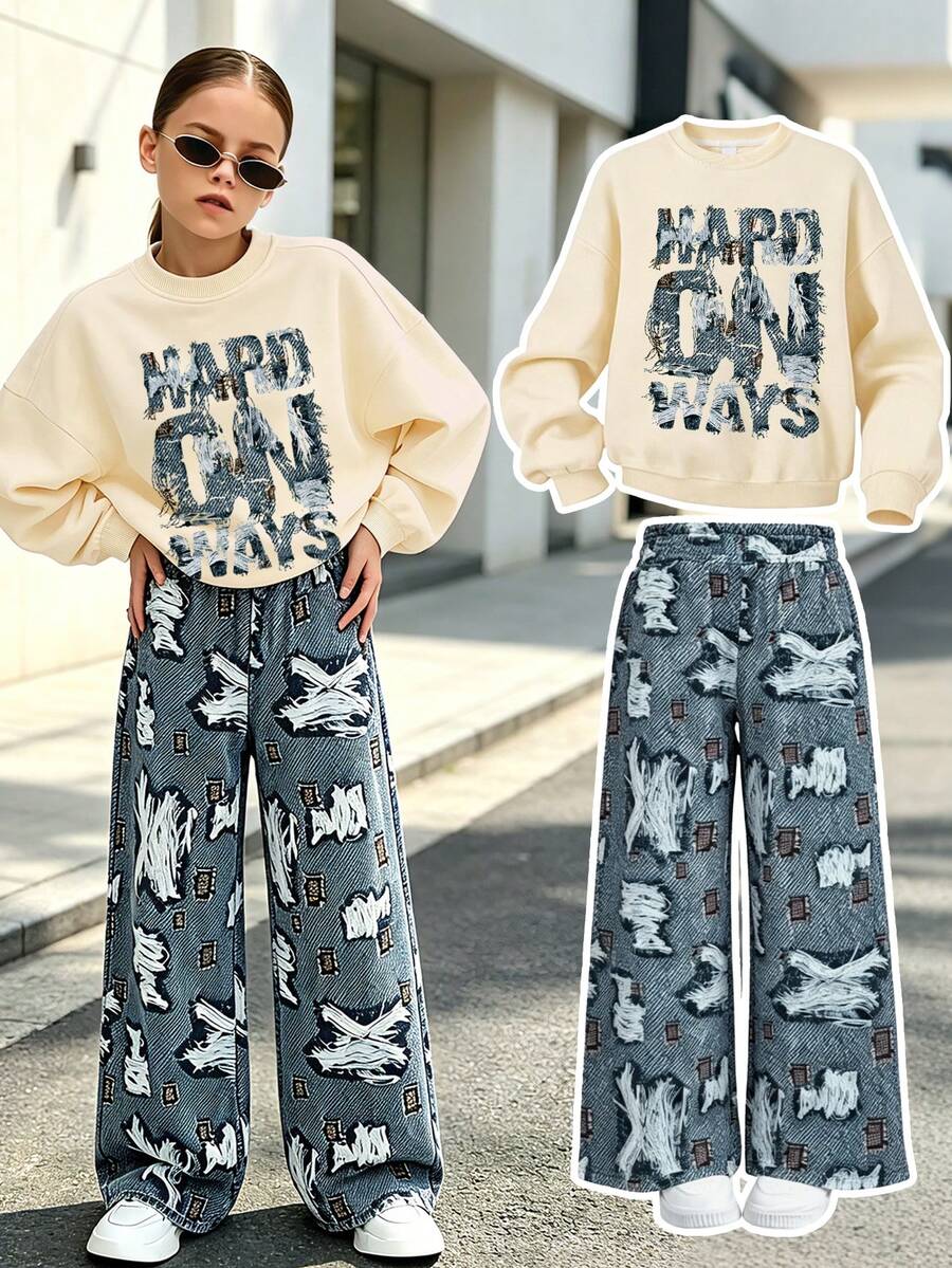 Street Fashion Girl Creative Letter Print Sweatshirt, Casual Crew Neck Sweatshirt Paired With Personalized Leopard Print All-Over Loose Wide Leg Pants, Autumn/Winter Daily 2-Piece Set - Apricot - View 1