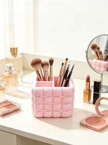 Cute Bow Puff Makeup Brush Storage Holder, Divided Compartment Cosmetic Organizer, Vanity Makeup Tool Container, Desktop Pen Cup For Students, Aesthetic Desktop Storage Box, Dresser Decor, Pretty Makeup Organizer - Multicolor - View 6