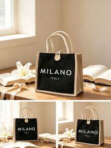 亞麻托特包套組，包含印有「MILANO ITALY」字樣的托特包與化妝包，適合婚禮、生日、海灘、假期，是送給女性、母親、老師、朋友、伴娘的完美禮物，適用於旅行、聖誕節、萬聖節與返校季 - 彩色 - 查看 6