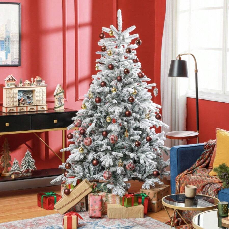 Full-Foliage PE/PVC Mixed-Tip Christmas Tree; Large, Snowy-Style Tree For Home Use; Indoor Festive Tree With A Wintry, Flocked Finish; Suitable For Holiday Decor In Living Rooms And Storefronts. - White - View 1