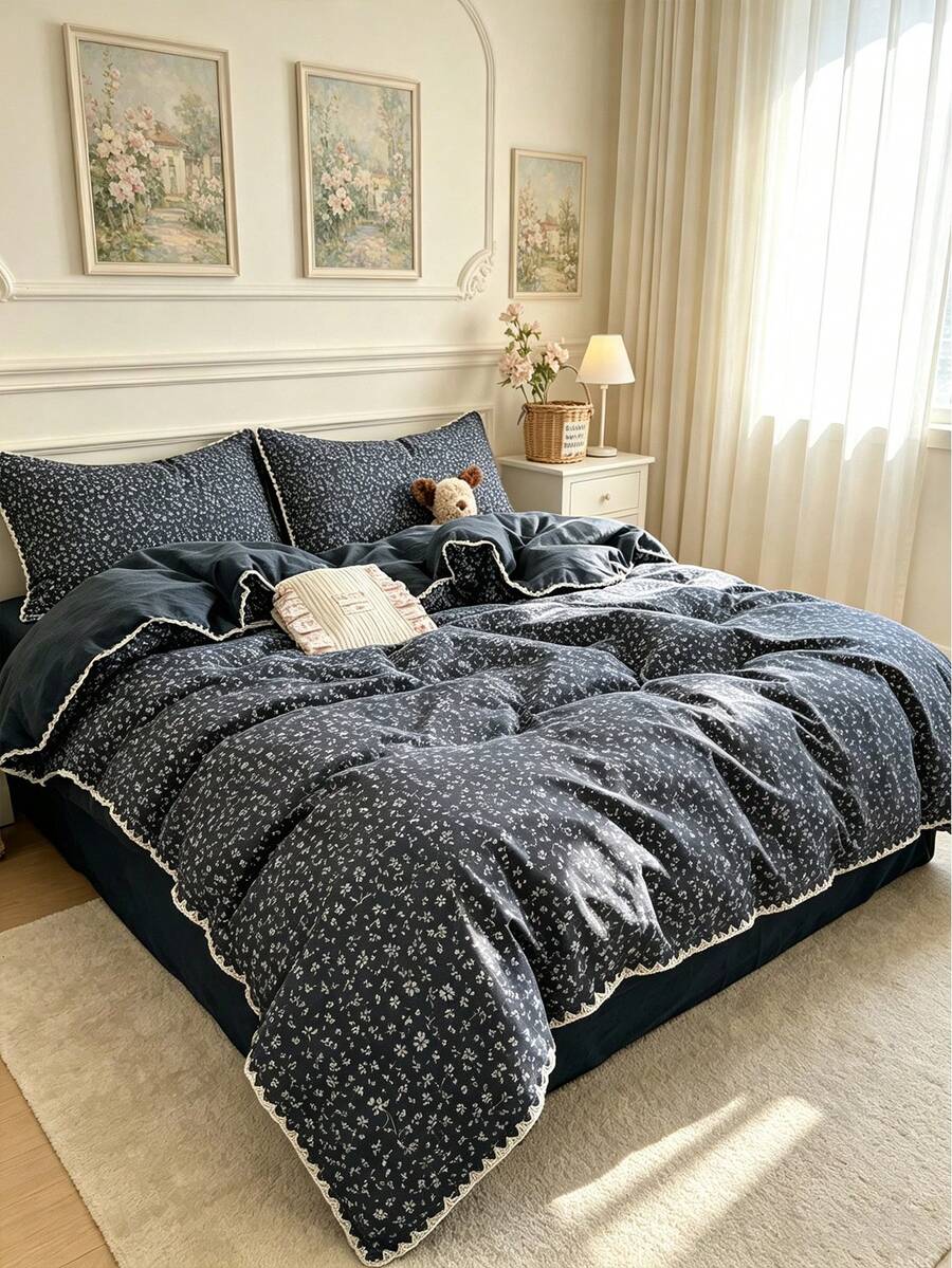 Set Sprei 4 Potong Motif Segitiga Kerang dengan Renda, Perlengkapan Tidur Kamar Tidur yang Lembut dan Nyaman, Desain Renda dengan Pola Bunga yang Lucu, Set Perlengkapan Tidur Sepanjang Musim yang Bernapas dan Lembut, Termasuk 1 Sprei, 1 Seprai, 2 Sarung Bantal, Tanpa Isian, Cocok untuk Kamar Tidur, Asrama, Penggunaan di Rumah, Tersedia Berbagai Ukuran - Navy Blue - View 1