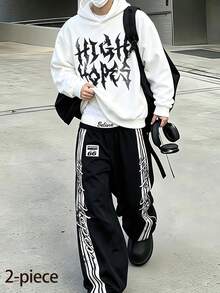 Lurzo Teen Boys Y2K Street Style Sports Hoodie Set, Letter Printed Hoodie,Contrast Stacked Waist Design Striped Printed Loose PantsAutumn And Winter - White - View 1