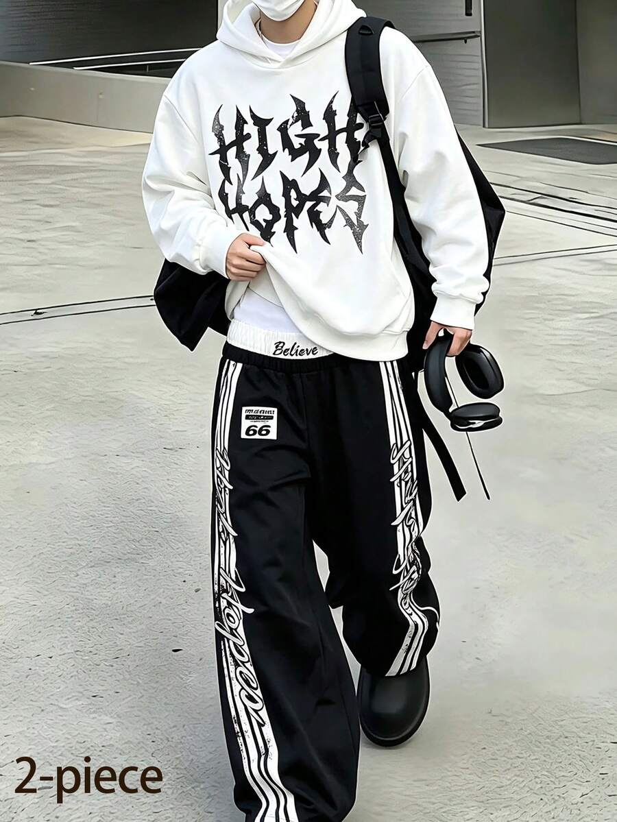 Lurzo Teen Boys Y2K Street Style Sports Hoodie Set, Letter Printed Hoodie,Contrast Stacked Waist Design Striped Printed Loose PantsAutumn And Winter - White - View 1