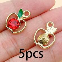 Random 5/10Pcs Mixed Color Hollow Apple Rhinestone Charms, Golden Enamel Leaf Fruit Pendant For DIY Earrings Bracelet Jewelry Making - Multicolor - View 17