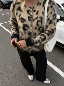 Women's Plush Leopard Print Cardigan, Autumn Long Sleeve Knit Button Sweater - Multicolor - View 2