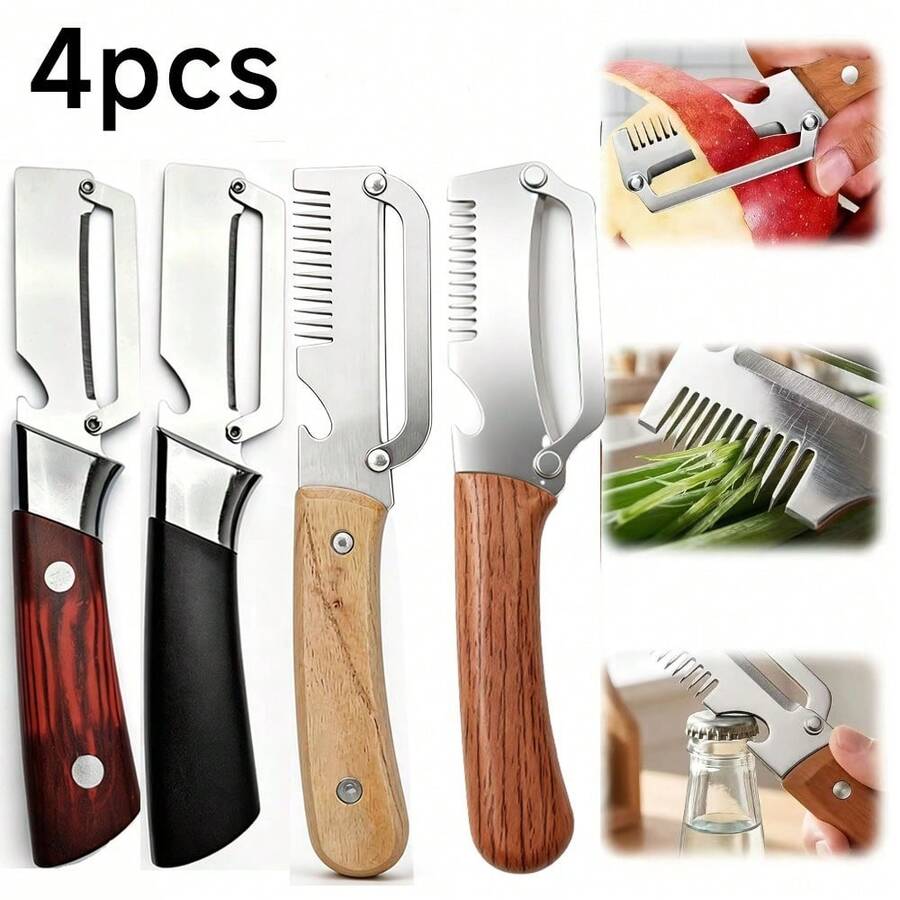 4pcs Multi-Function Fruit & Vegetable Peeler Set, Right-Handed Only, Stainless Steel Potato & Carrot Peeler, 3-In-1 Multi-Function Peeler With Onion Grater & Bottle Opener, Suitable For Home Kitchen, Restaurant, Picnic, Camping, Travel - Multicolor - View 1